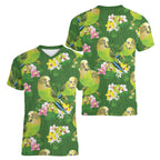 Australia Budgerigars Parakeets Women V-Neck T-Shirt Green And Yellow Bird Seamless Orchids Flowers