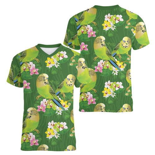Australia Budgerigars Parakeets Women V-Neck T-Shirt Green And Yellow Bird Seamless Orchids Flowers