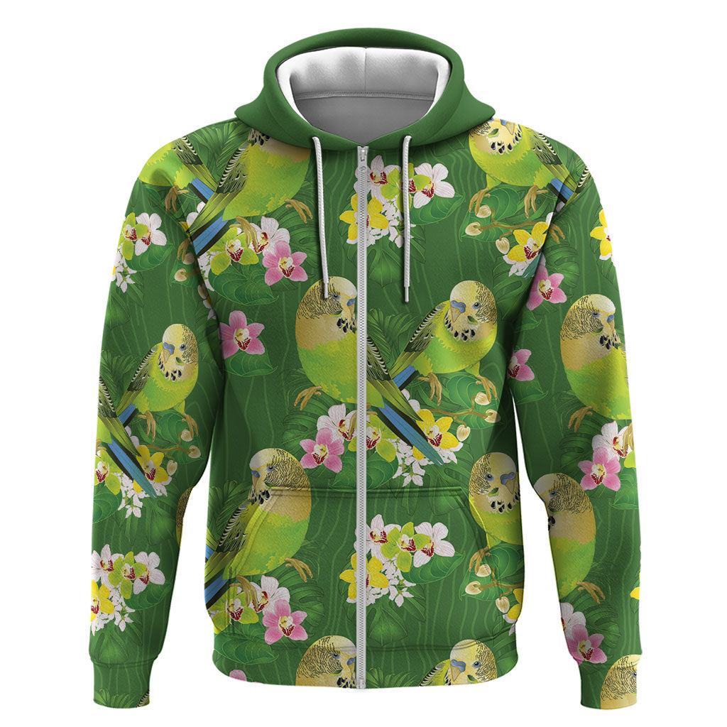 Australia Budgerigars Parakeets Zip Hoodie Green And Yellow Bird Seamless Orchids Flowers