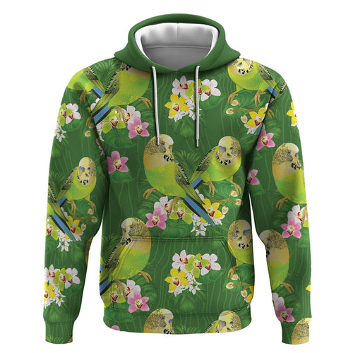 Australia Budgerigars Parakeets Zip Hoodie Green And Yellow Bird Seamless Orchids Flowers