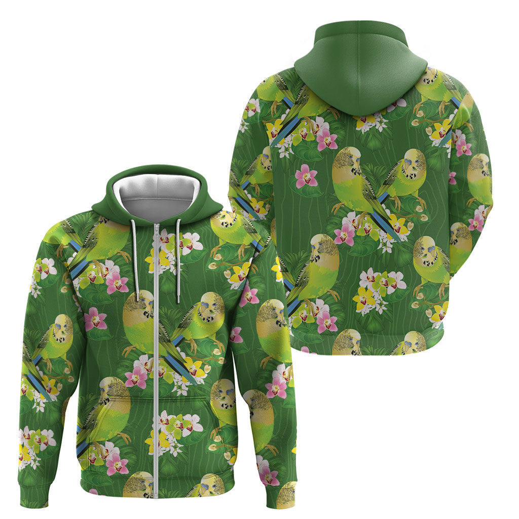 Australia Budgerigars Parakeets Zip Hoodie Green And Yellow Bird Seamless Orchids Flowers