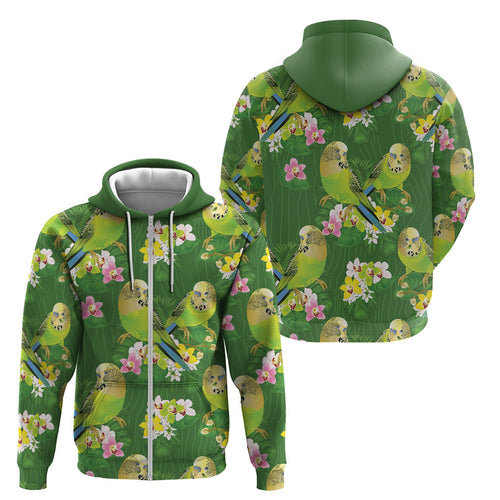 Australia Budgerigars Parakeets Zip Hoodie Green And Yellow Bird Seamless Orchids Flowers