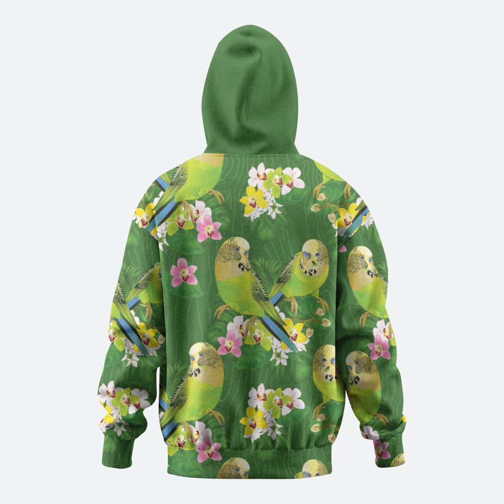 Australia Budgerigars Parakeets Zip Hoodie Green And Yellow Bird Seamless Orchids Flowers