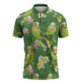 Australia Budgerigars Parakeets Zipper Polo Shirt Green And Yellow Bird Seamless Orchids Flowers