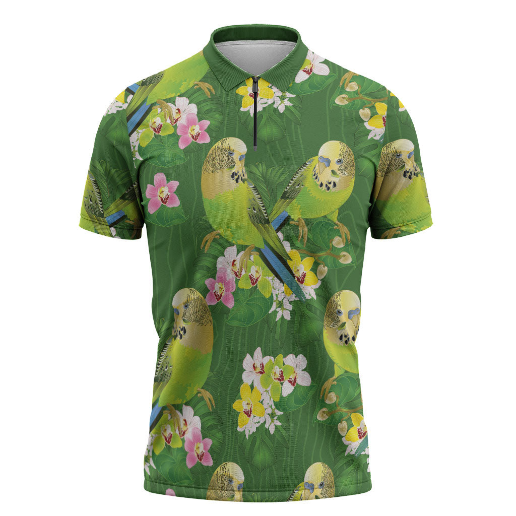 Australia Budgerigars Parakeets Zipper Polo Shirt Green And Yellow Bird Seamless Orchids Flowers