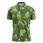 Australia Budgerigars Parakeets Zipper Polo Shirt Green And Yellow Bird Seamless Orchids Flowers
