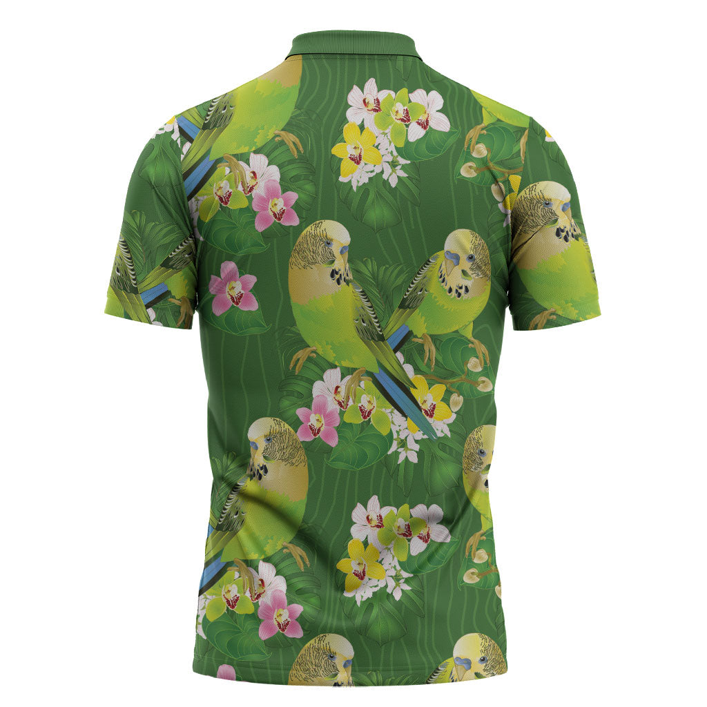 Australia Budgerigars Parakeets Zipper Polo Shirt Green And Yellow Bird Seamless Orchids Flowers