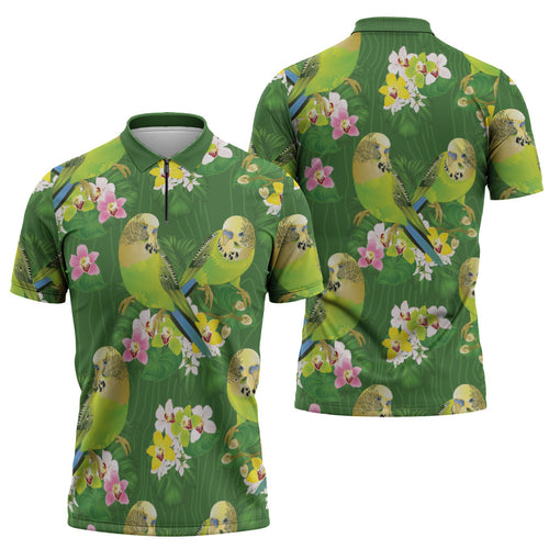 Australia Budgerigars Parakeets Zipper Polo Shirt Green And Yellow Bird Seamless Orchids Flowers