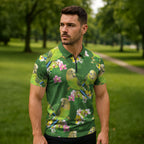 Australia Budgerigars Parakeets Zipper Polo Shirt Green And Yellow Bird Seamless Orchids Flowers