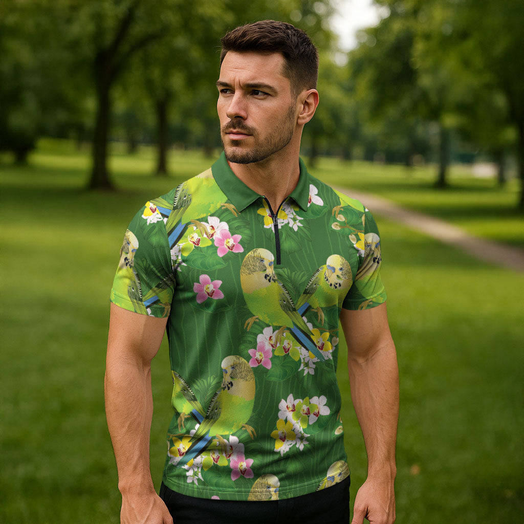 Australia Budgerigars Parakeets Zipper Polo Shirt Green And Yellow Bird Seamless Orchids Flowers