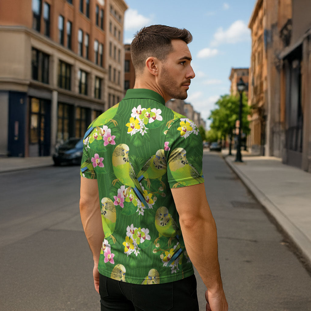 Australia Budgerigars Parakeets Zipper Polo Shirt Green And Yellow Bird Seamless Orchids Flowers