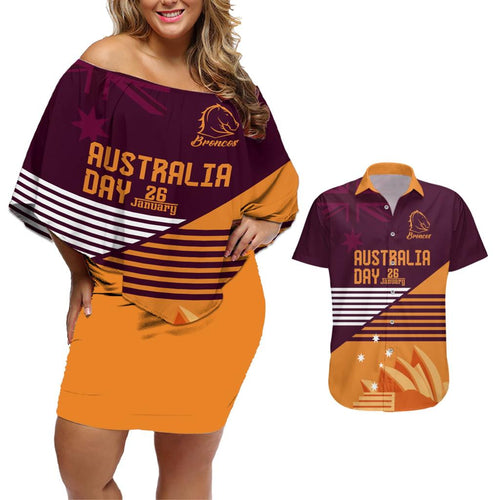 NRL Broncos Australia Day Custom Couples Matching Off Shoulder Short Dress and Hawaiian Shirt Sydney Opera House Style
