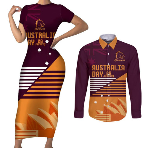 NRL Broncos Australia Day Custom Couples Matching Short Sleeve Bodycon Dress and Long Sleeve Button Shirt Sydney Opera House Style