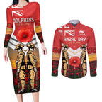 Custom Dolphins Rugby ANZAC Day Couples Matching Long Sleeve Bodycon Dress and Long Sleeve Button Shirt Soldiers Poppy Field 2024