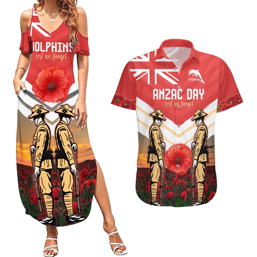Custom Dolphins Rugby ANZAC Day Couples Matching Summer Maxi Dress and Hawaiian Shirt Soldiers Poppy Field 2024
