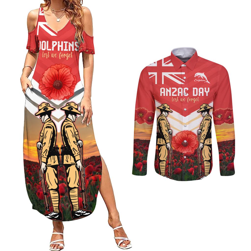 Custom Dolphins Rugby ANZAC Day Couples Matching Summer Maxi Dress and Long Sleeve Button Shirt Soldiers Poppy Field 2024