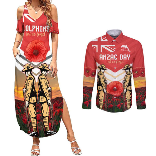 Custom Dolphins Rugby ANZAC Day Couples Matching Summer Maxi Dress and Long Sleeve Button Shirt Soldiers Poppy Field 2024