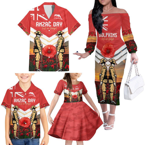 Custom Dolphins Rugby ANZAC Day Family Matching Off Shoulder Long Sleeve Dress and Hawaiian Shirt Soldiers Poppy Field 2024