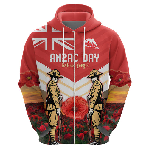 Custom Dolphins Rugby ANZAC Day Zip Hoodie Soldiers Poppy Field 2024