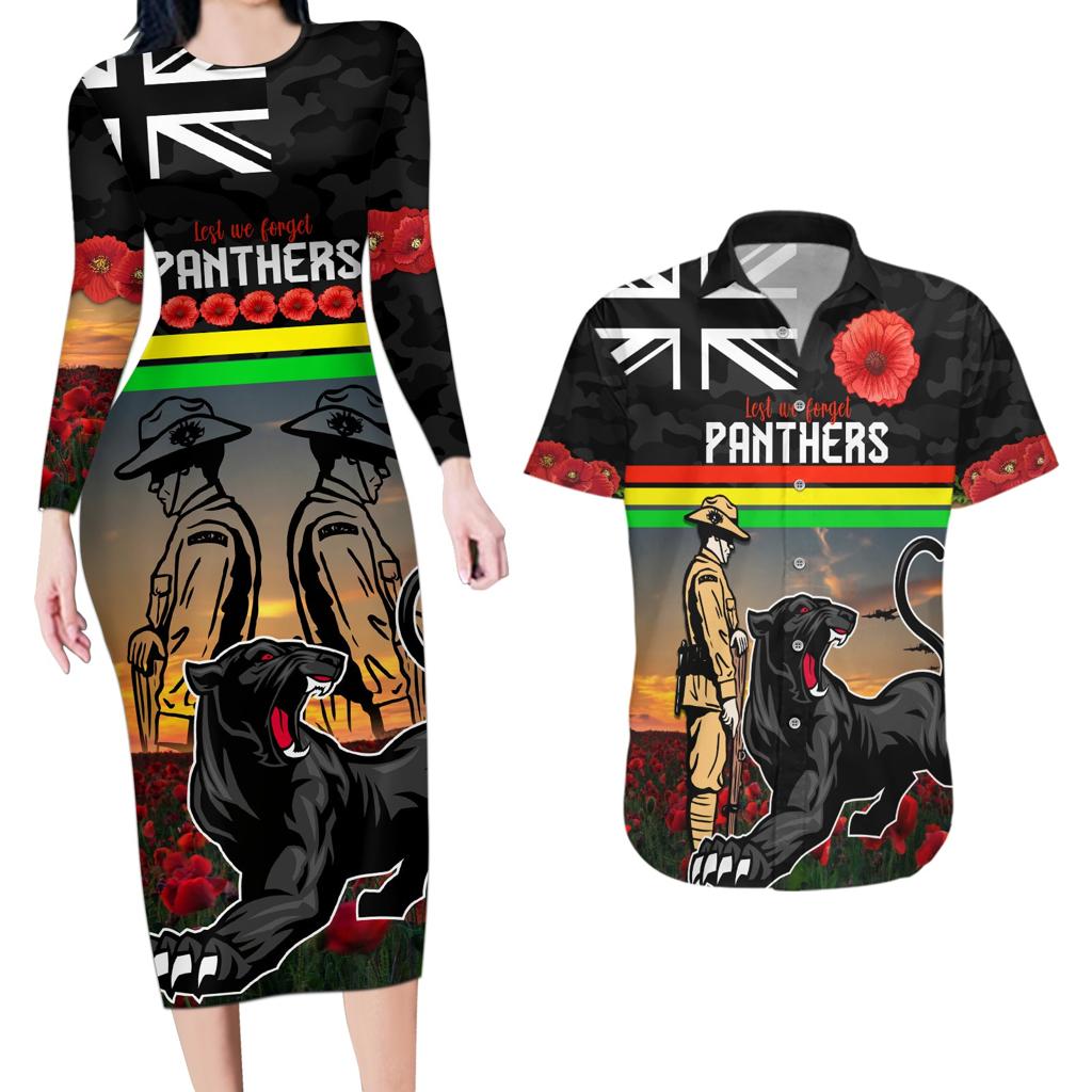 Custom Panthers Rugby ANZAC Day Couples Matching Long Sleeve Bodycon Dress and Hawaiian Shirt Soldiers Poppy Field 2024