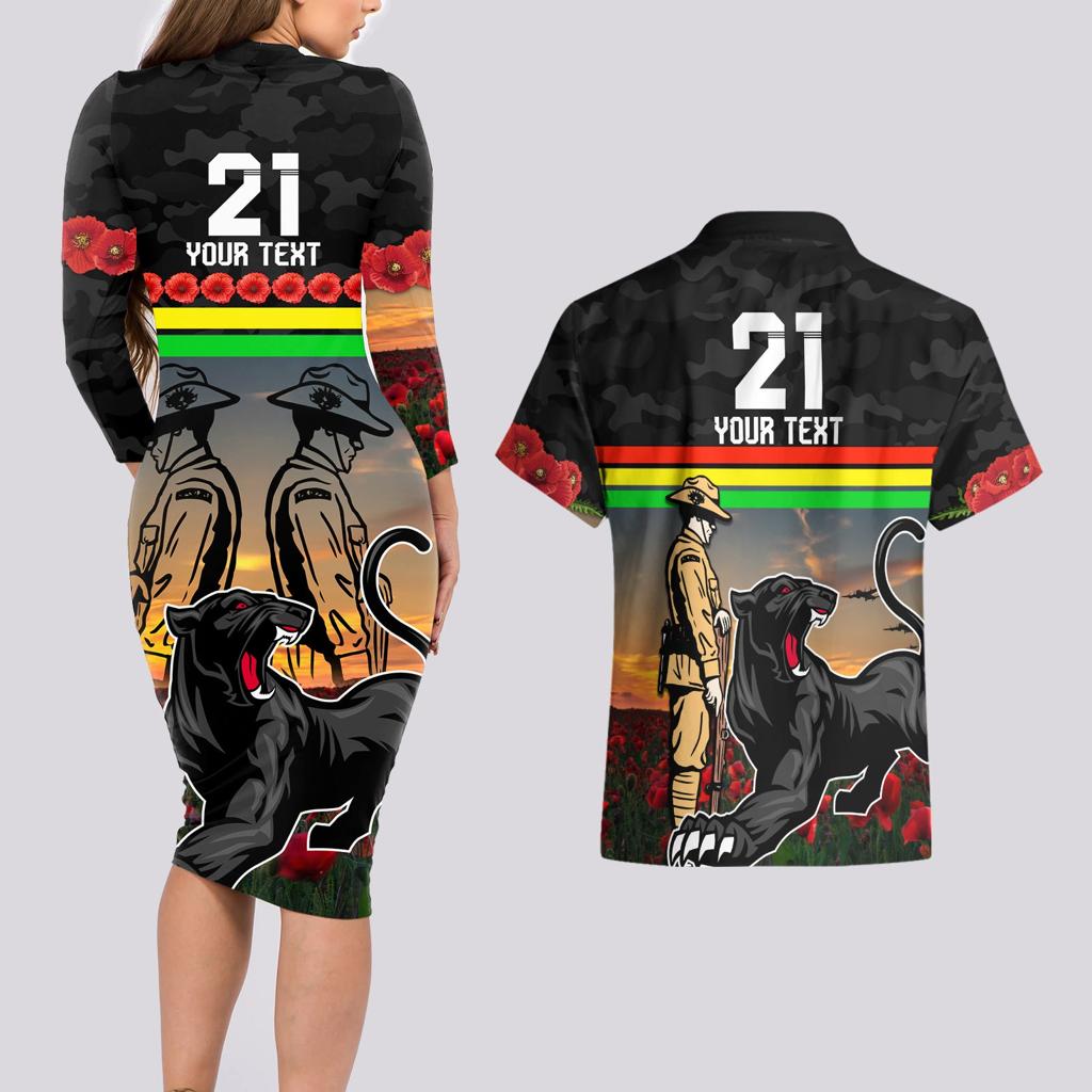 Custom Panthers Rugby ANZAC Day Couples Matching Long Sleeve Bodycon Dress and Hawaiian Shirt Soldiers Poppy Field 2024