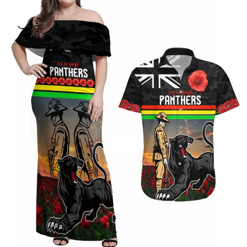 Custom Panthers Rugby ANZAC Day Couples Matching Off Shoulder Maxi Dress and Hawaiian Shirt Soldiers Poppy Field 2024