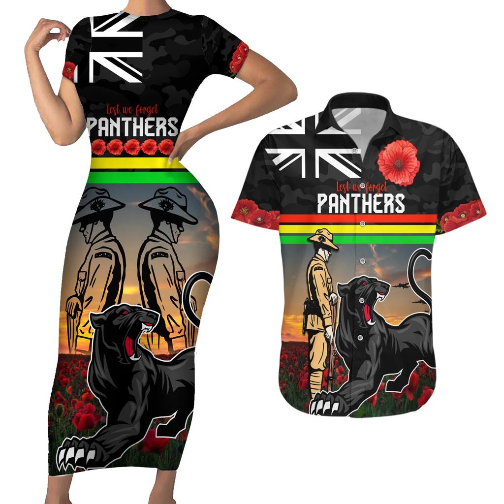 Custom Panthers Rugby ANZAC Day Couples Matching Short Sleeve Bodycon Dress and Hawaiian Shirt Soldiers Poppy Field 2024