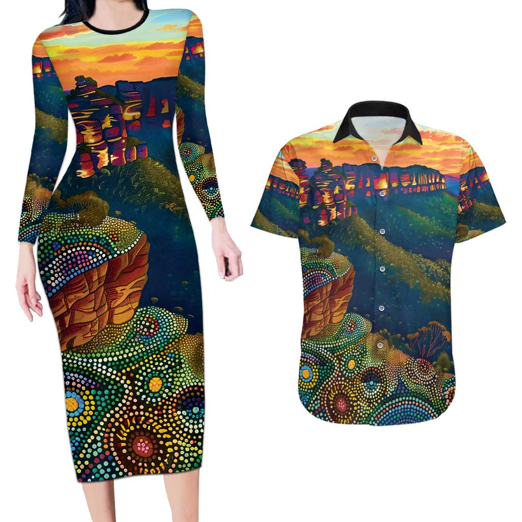 Australia Blue Mountains Couples Matching Long Sleeve Bodycon Dress and Hawaiian Shirt Aboriginal Dot Painting