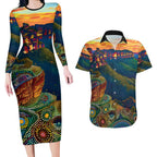 Australia Blue Mountains Couples Matching Long Sleeve Bodycon Dress and Hawaiian Shirt Aboriginal Dot Painting