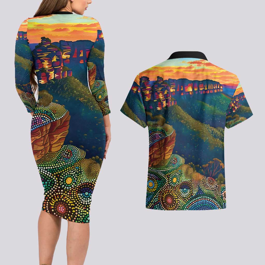 Australia Blue Mountains Couples Matching Long Sleeve Bodycon Dress and Hawaiian Shirt Aboriginal Dot Painting