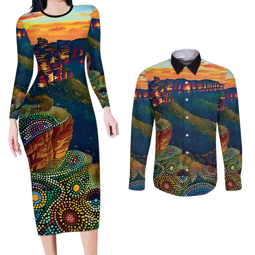 Australia Blue Mountains Couples Matching Long Sleeve Bodycon Dress and Long Sleeve Button Shirt Aboriginal Dot Painting