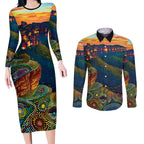 Australia Blue Mountains Couples Matching Long Sleeve Bodycon Dress and Long Sleeve Button Shirt Aboriginal Dot Painting