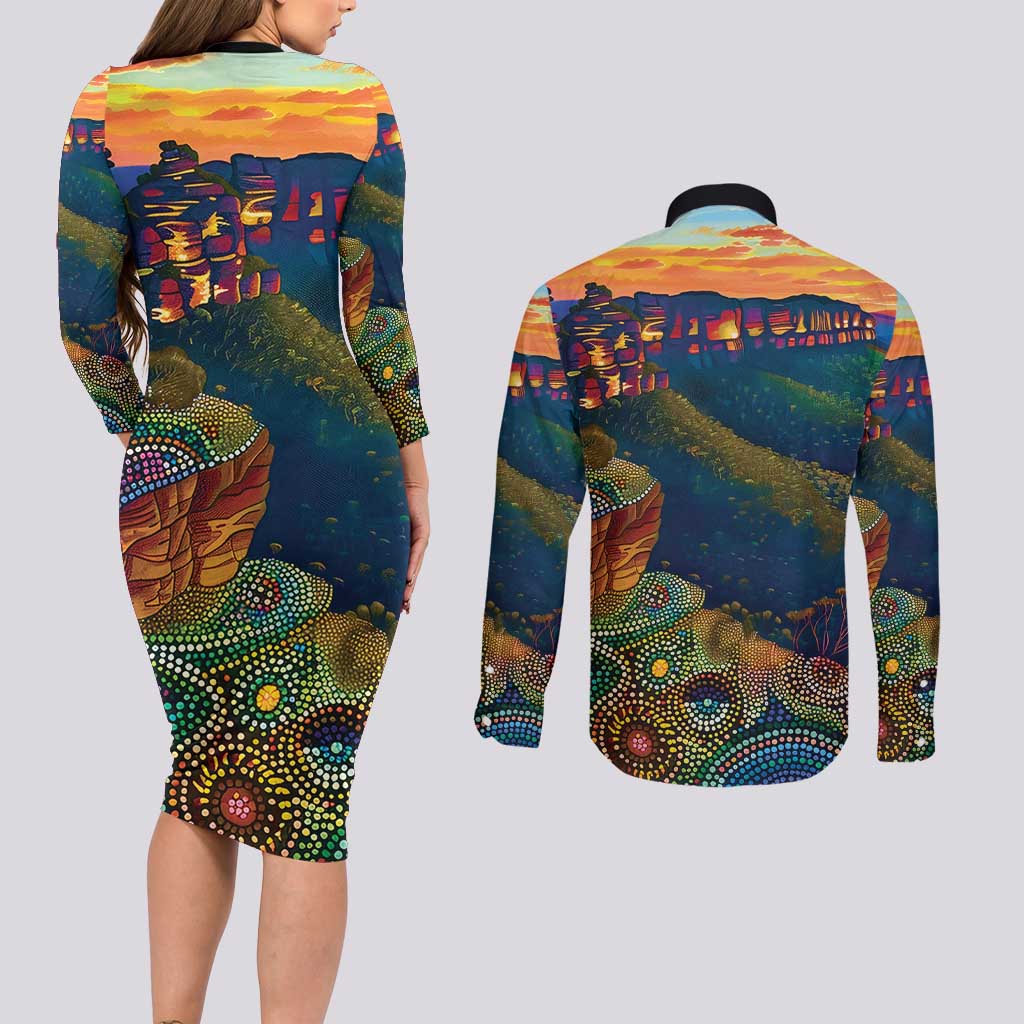 Australia Blue Mountains Couples Matching Long Sleeve Bodycon Dress and Long Sleeve Button Shirt Aboriginal Dot Painting