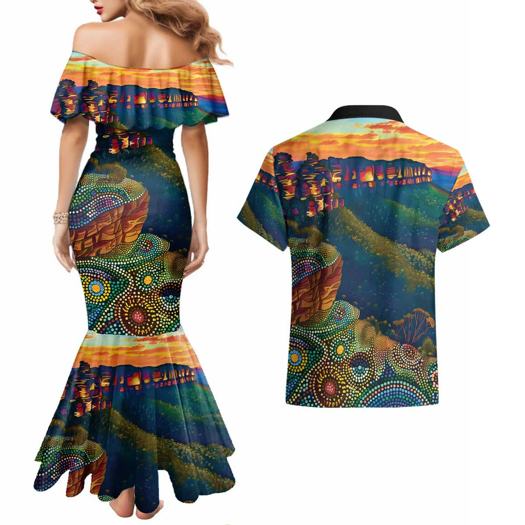 Australia Blue Mountains Couples Matching Mermaid Dress and Hawaiian Shirt Aboriginal Dot Painting