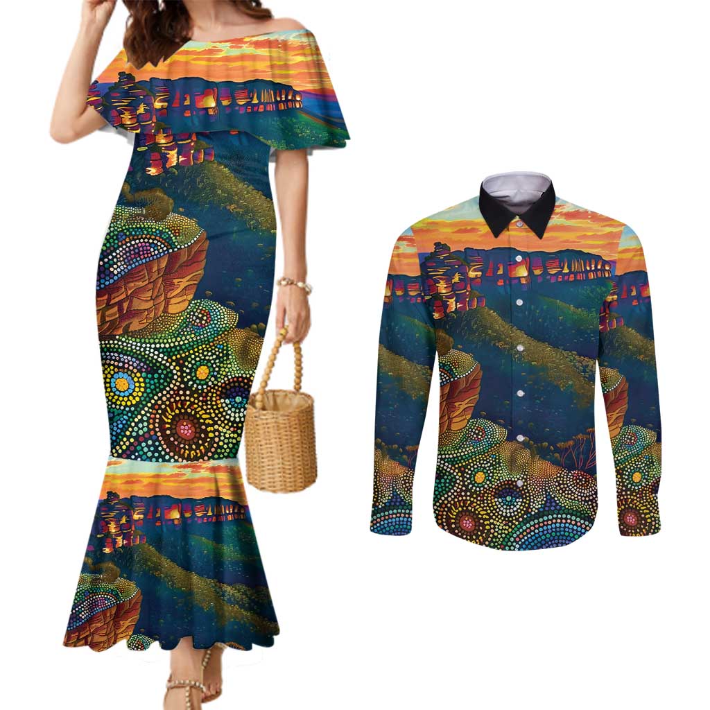 Australia Blue Mountains Couples Matching Mermaid Dress and Long Sleeve Button Shirt Aboriginal Dot Painting