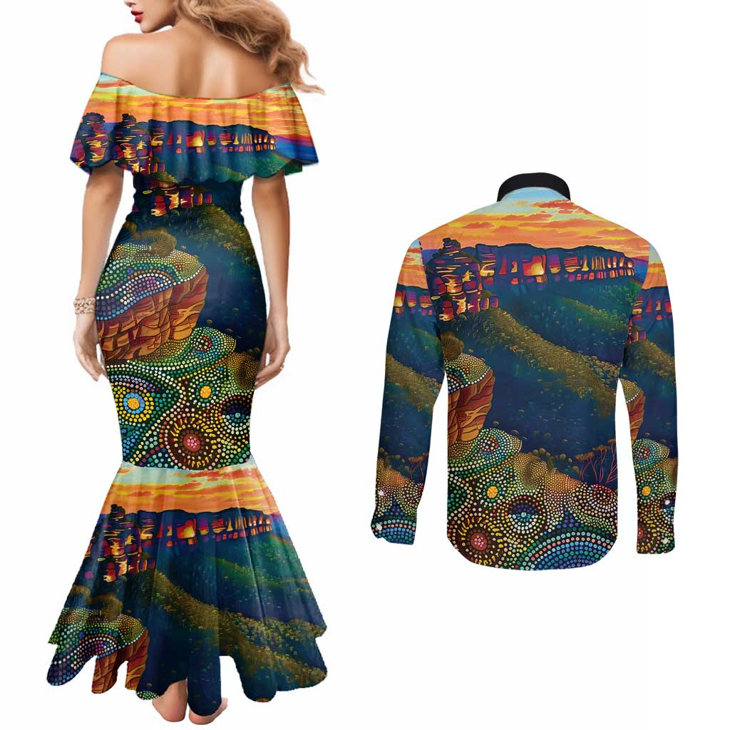 Australia Blue Mountains Couples Matching Mermaid Dress and Long Sleeve Button Shirt Aboriginal Dot Painting
