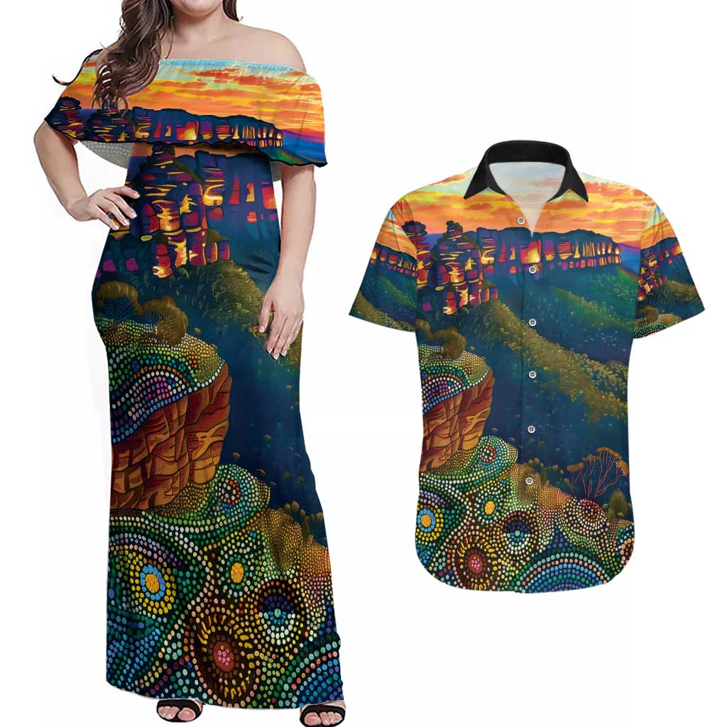 Australia Blue Mountains Couples Matching Off Shoulder Maxi Dress and Hawaiian Shirt Aboriginal Dot Painting