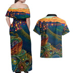Australia Blue Mountains Couples Matching Off Shoulder Maxi Dress and Hawaiian Shirt Aboriginal Dot Painting