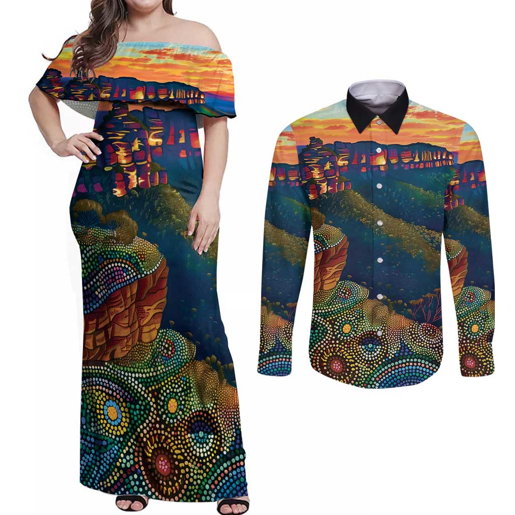 Australia Blue Mountains Couples Matching Off Shoulder Maxi Dress and Long Sleeve Button Shirt Aboriginal Dot Painting