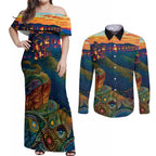 Australia Blue Mountains Couples Matching Off Shoulder Maxi Dress and Long Sleeve Button Shirt Aboriginal Dot Painting