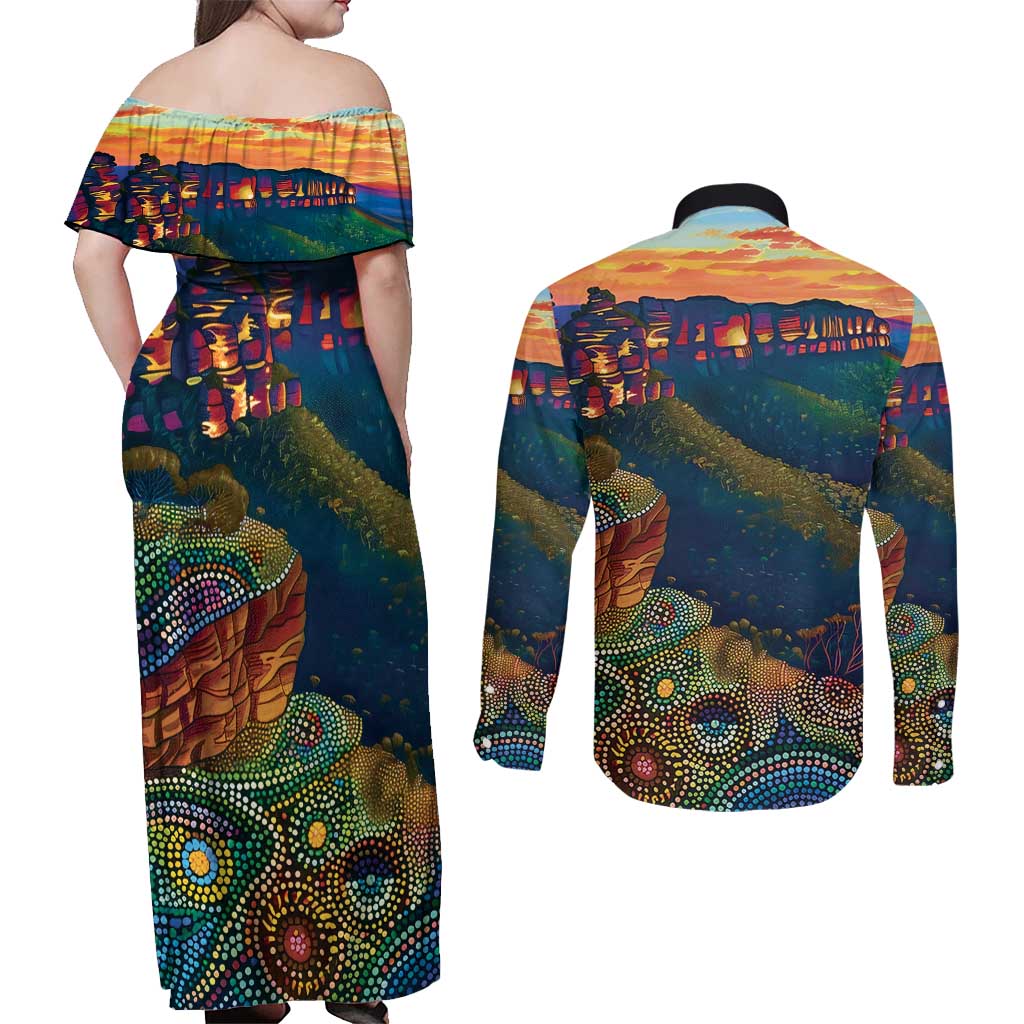 Australia Blue Mountains Couples Matching Off Shoulder Maxi Dress and Long Sleeve Button Shirt Aboriginal Dot Painting