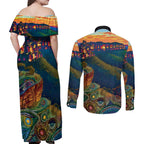 Australia Blue Mountains Couples Matching Off Shoulder Maxi Dress and Long Sleeve Button Shirt Aboriginal Dot Painting