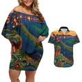 Australia Blue Mountains Couples Matching Off Shoulder Short Dress and Hawaiian Shirt Aboriginal Dot Painting