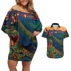 Australia Blue Mountains Couples Matching Off Shoulder Short Dress and Hawaiian Shirt Aboriginal Dot Painting