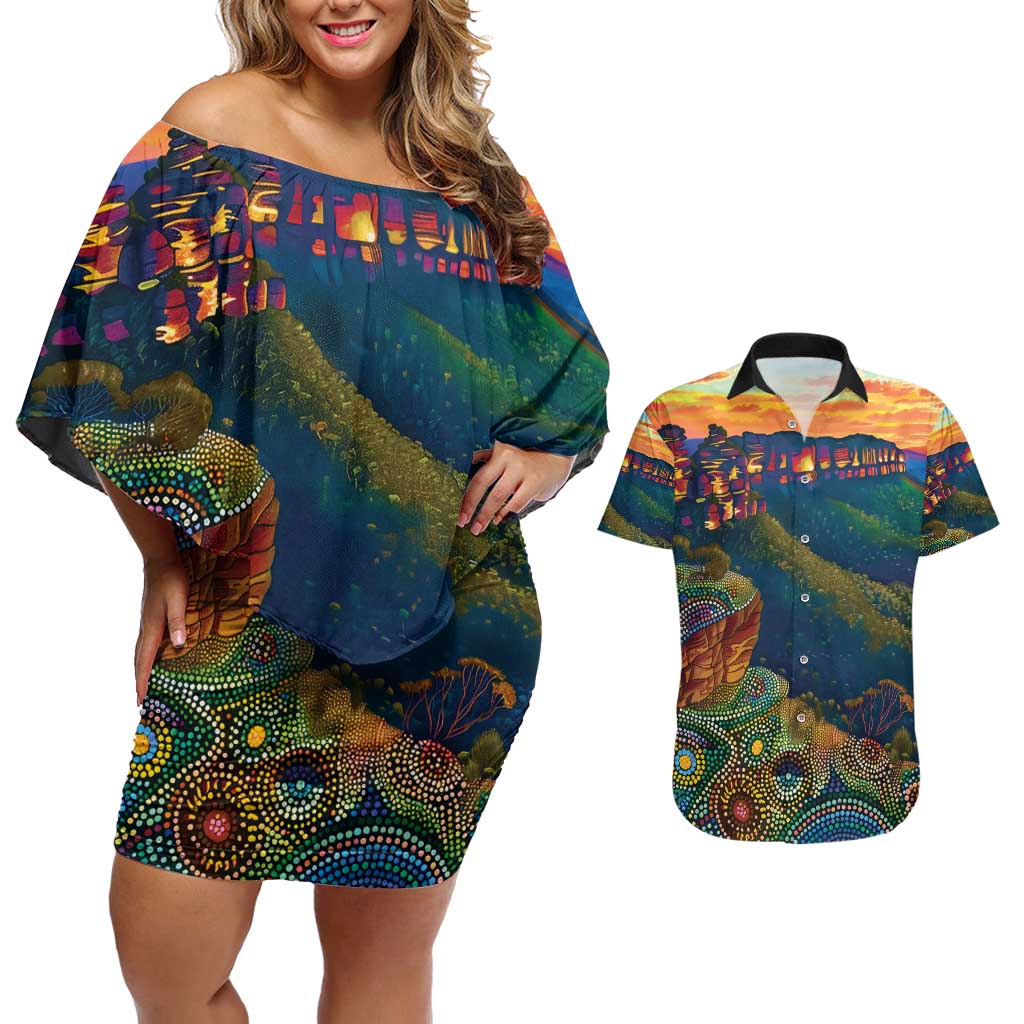 Australia Blue Mountains Couples Matching Off Shoulder Short Dress and Hawaiian Shirt Aboriginal Dot Painting