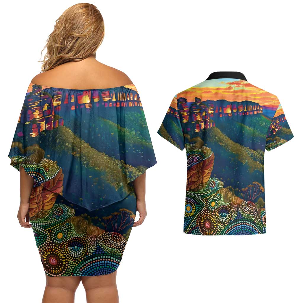 Australia Blue Mountains Couples Matching Off Shoulder Short Dress and Hawaiian Shirt Aboriginal Dot Painting