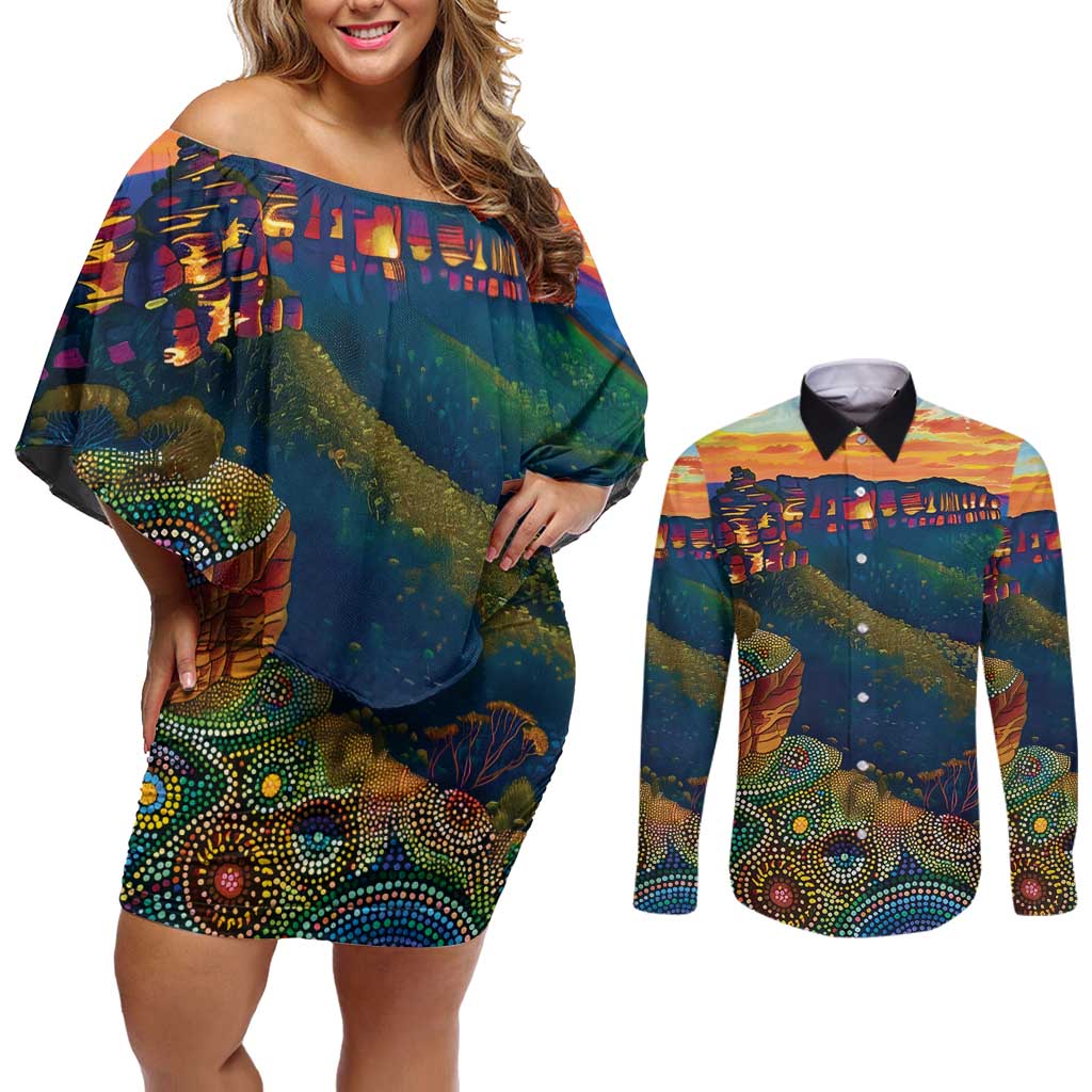 Australia Blue Mountains Couples Matching Off Shoulder Short Dress and Long Sleeve Button Shirt Aboriginal Dot Painting