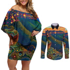 Australia Blue Mountains Couples Matching Off Shoulder Short Dress and Long Sleeve Button Shirt Aboriginal Dot Painting