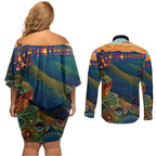 Australia Blue Mountains Couples Matching Off Shoulder Short Dress and Long Sleeve Button Shirt Aboriginal Dot Painting