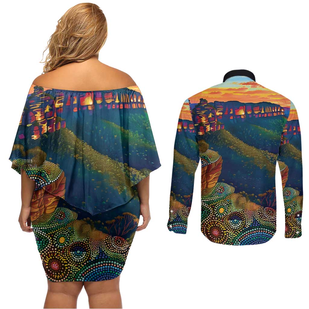 Australia Blue Mountains Couples Matching Off Shoulder Short Dress and Long Sleeve Button Shirt Aboriginal Dot Painting